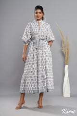 bohemian baby pink blue floral hand block printed long maxi dress - frill collar cotton dress