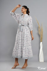 bohemian baby pink blue floral hand block printed long maxi dress - frill collar cotton dress