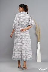 bohemian baby pink blue floral hand block printed long maxi dress - frill collar cotton dress