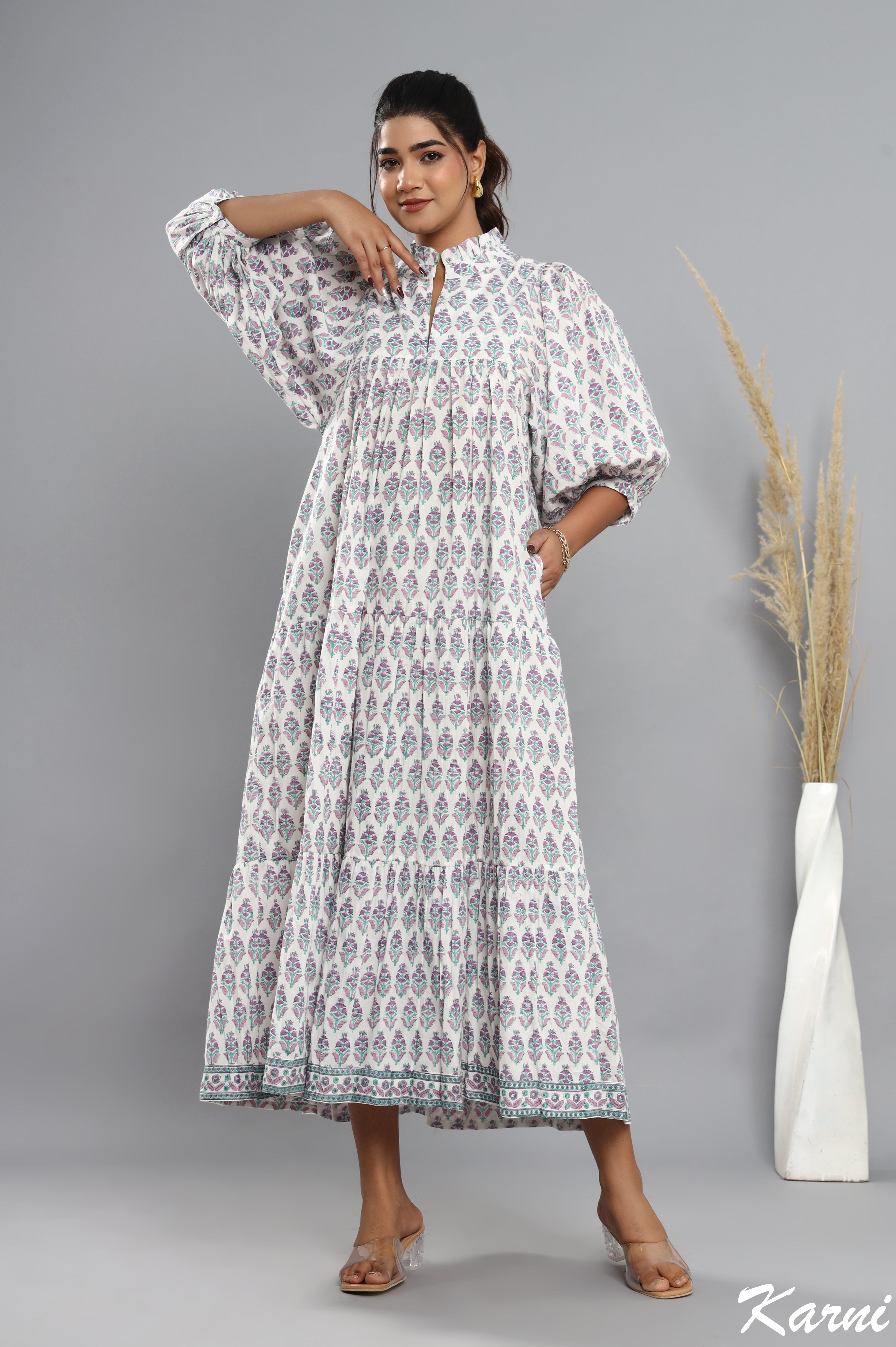 bohemian baby pink blue floral hand block printed long maxi dress - frill collar cotton dress