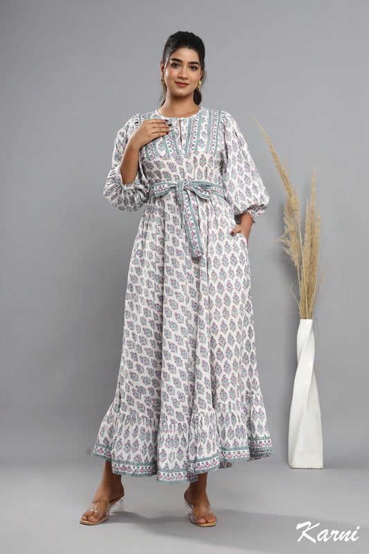 dark orchid jade green hand block printed cotton floral maxi dress - 3/4th sleeve long dress