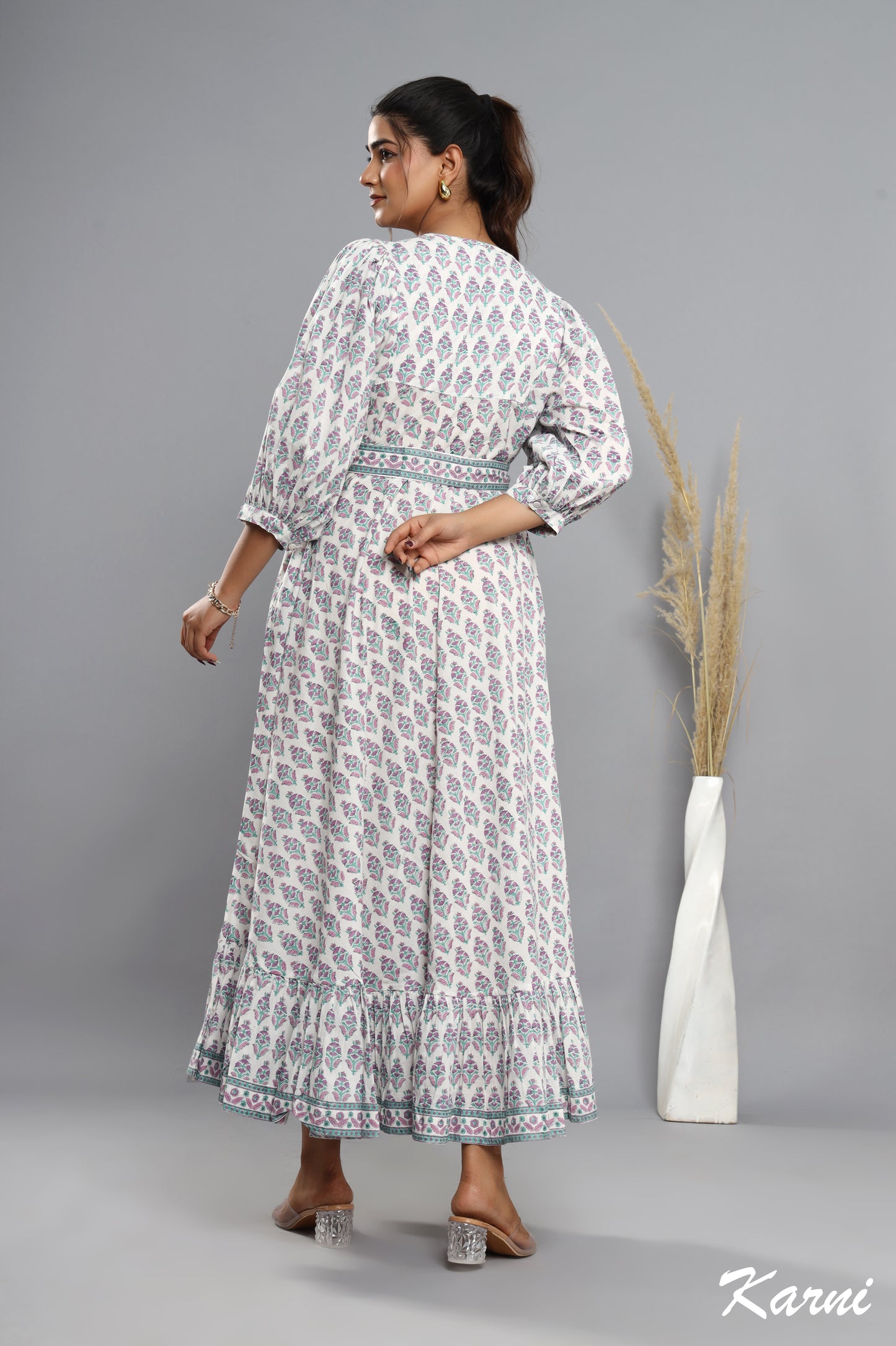 dark orchid jade green hand block printed cotton floral maxi dress - 3/4th sleeve long dress
