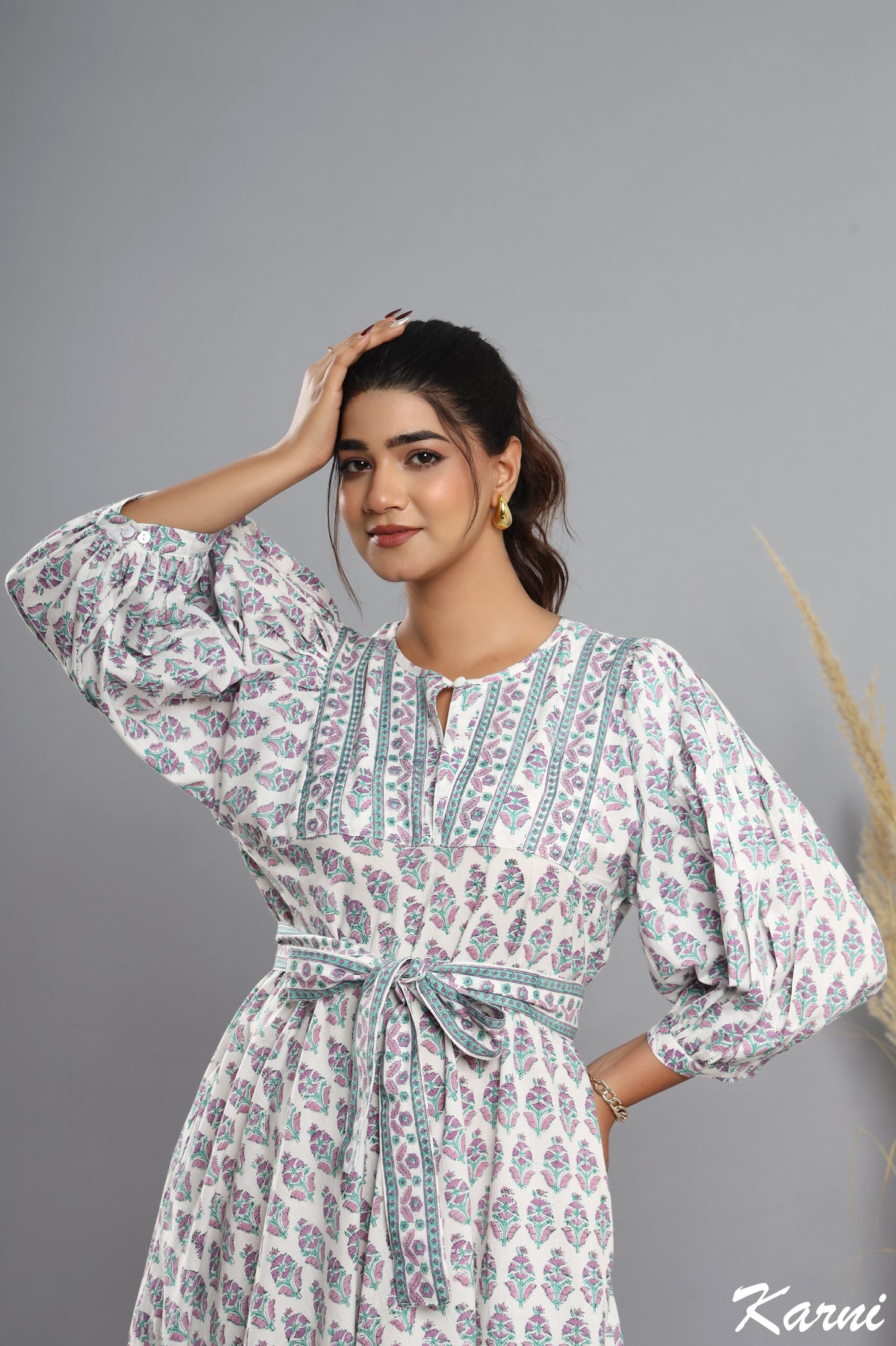 dark orchid jade green hand block printed cotton floral maxi dress - 3/4th sleeve long dress