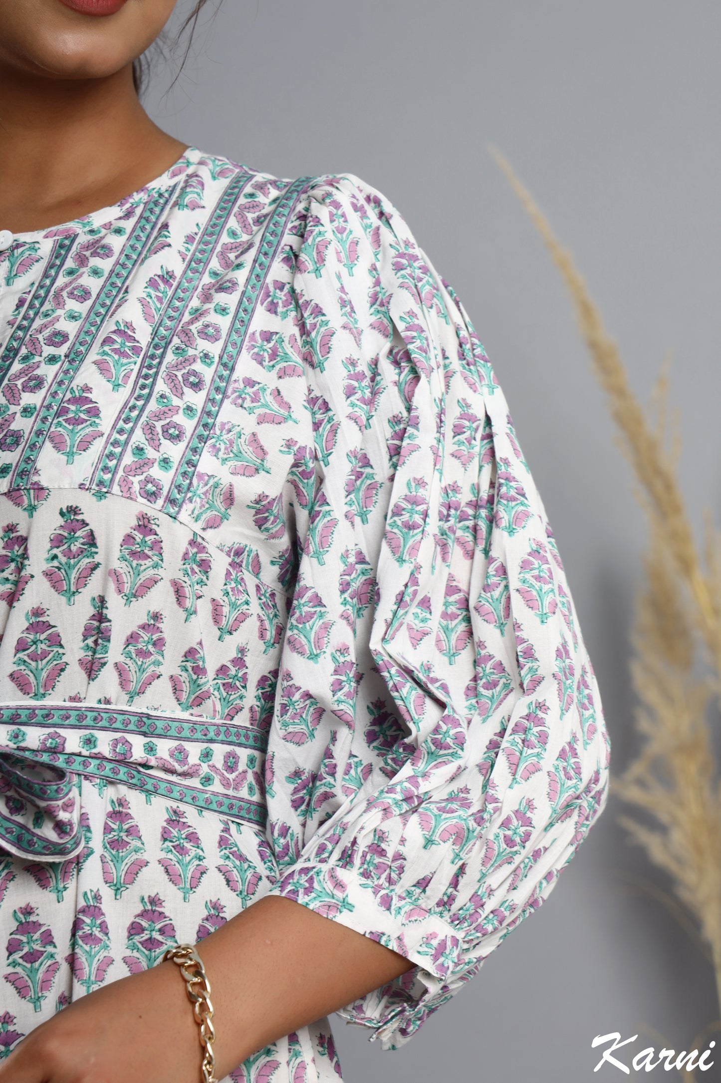 dark orchid jade green hand block printed cotton floral maxi dress - 3/4th sleeve long dress