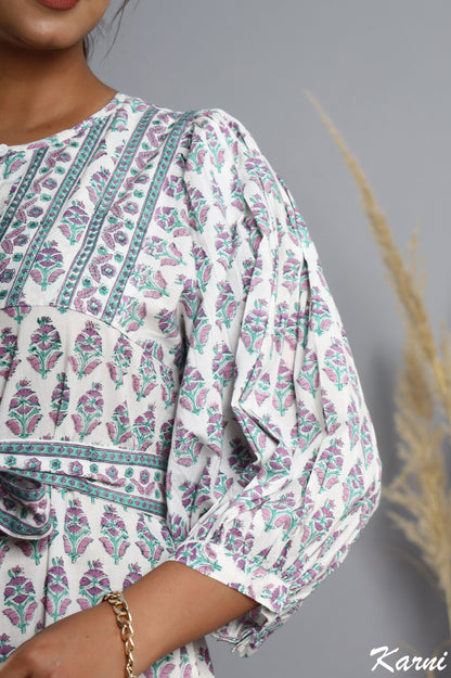 dark orchid jade green hand block printed cotton floral maxi dress - 3/4th sleeve long dress