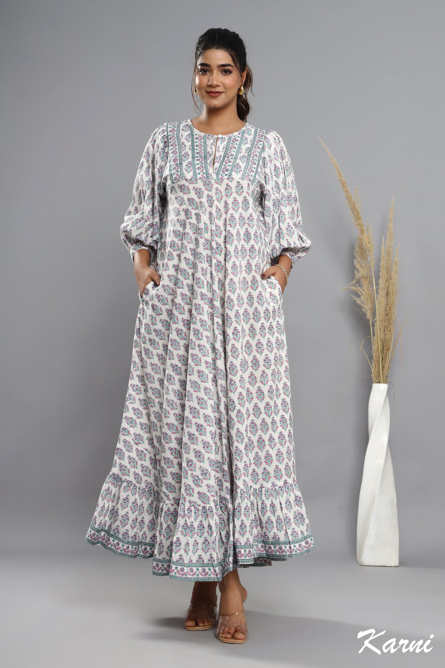dark orchid jade green hand block printed cotton floral maxi dress - 3/4th sleeve long dress