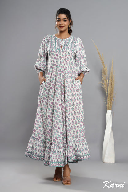 dark orchid jade green hand block printed cotton floral maxi dress - 3/4th sleeve long dress