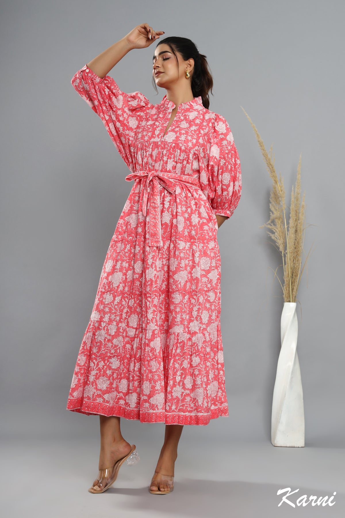 cotton rouge floral hand block printed bohemian maxi dress - frill collar long dress