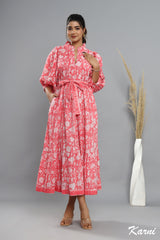 cotton rouge floral hand block printed bohemian maxi dress - frill collar long dress