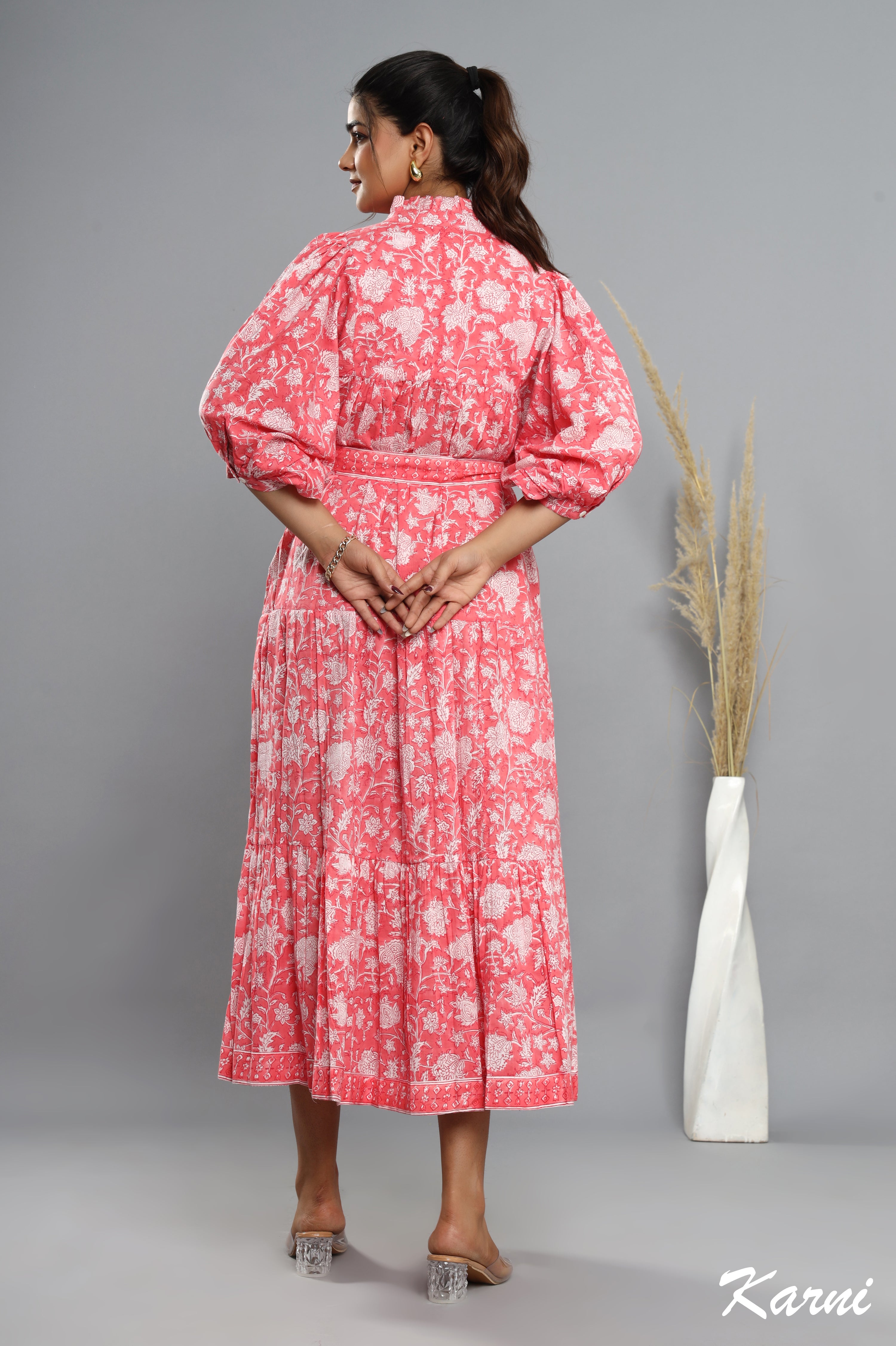 cotton rouge floral hand block printed bohemian maxi dress - frill collar long dress