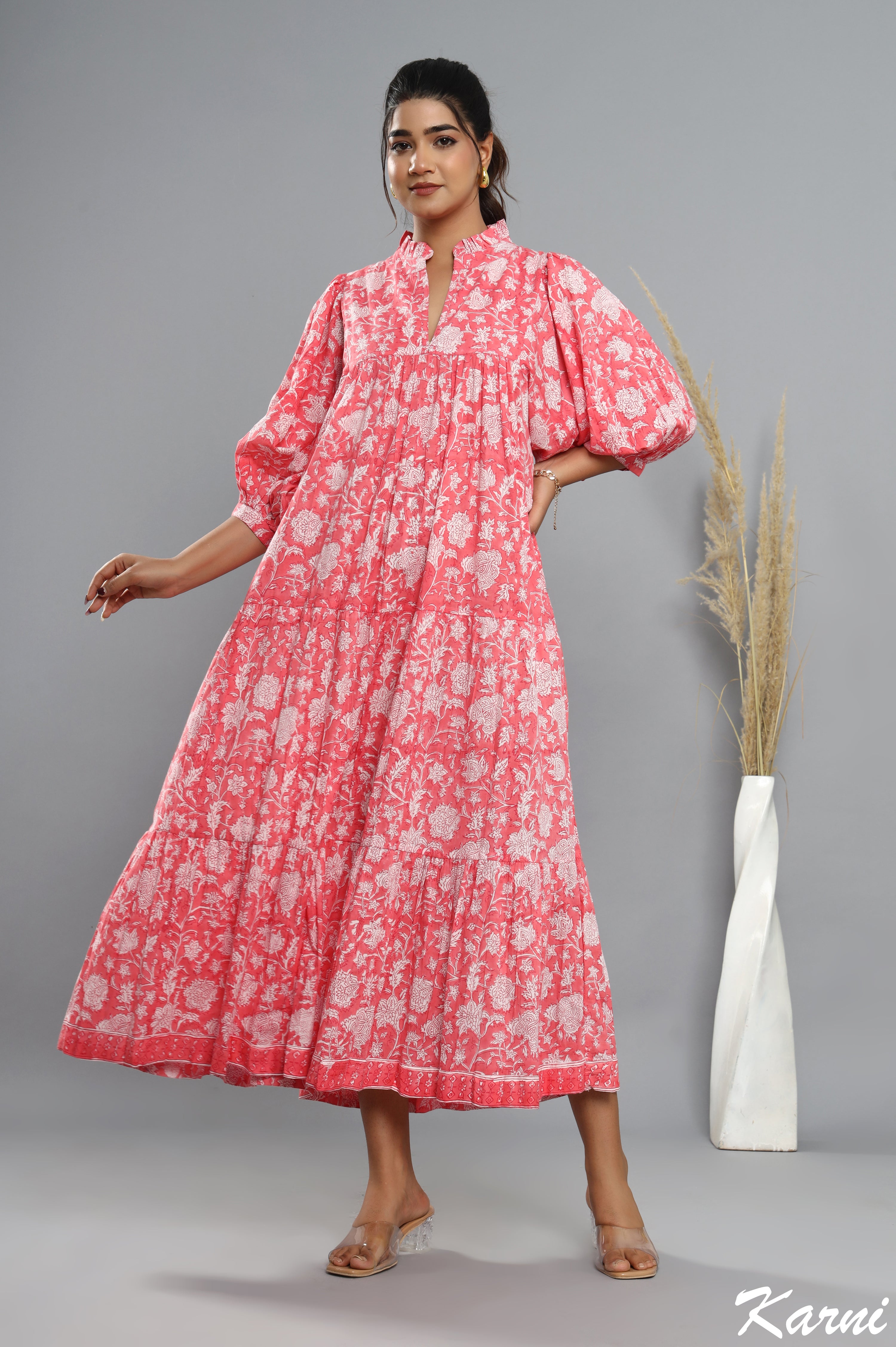 cotton rouge floral hand block printed bohemian maxi dress - frill collar long dress