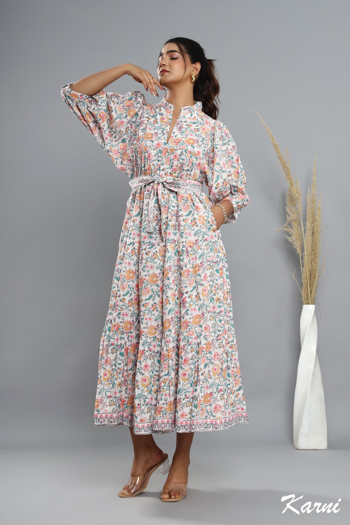 cotton turkish blue pastel orange long floral hand block printed maxi dress - frill collar bohemian dress