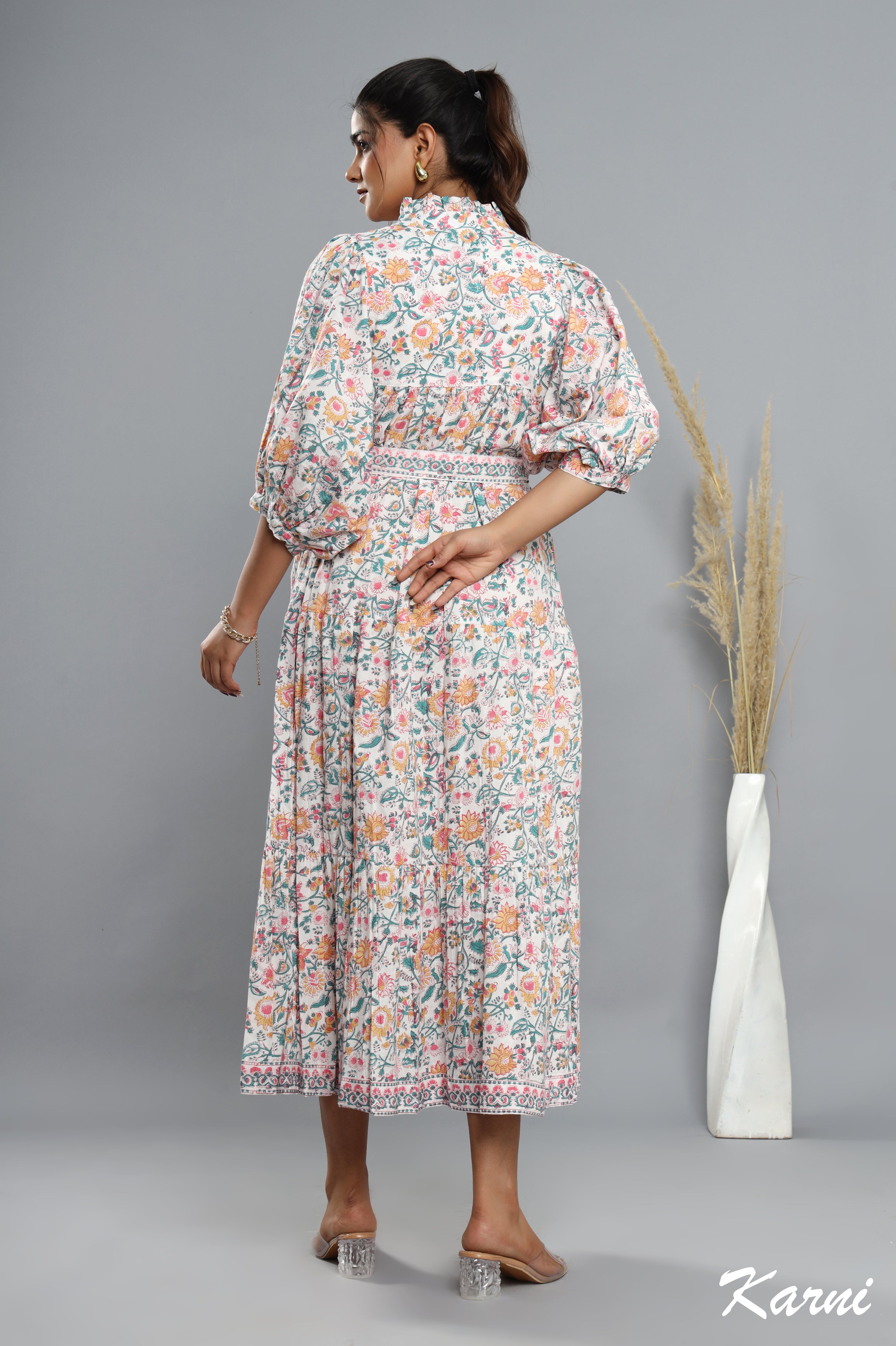 cotton turkish blue pastel orange long floral hand block printed maxi dress - frill collar bohemian dress