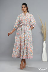 cotton turkish blue pastel orange long floral hand block printed maxi dress - frill collar bohemian dress