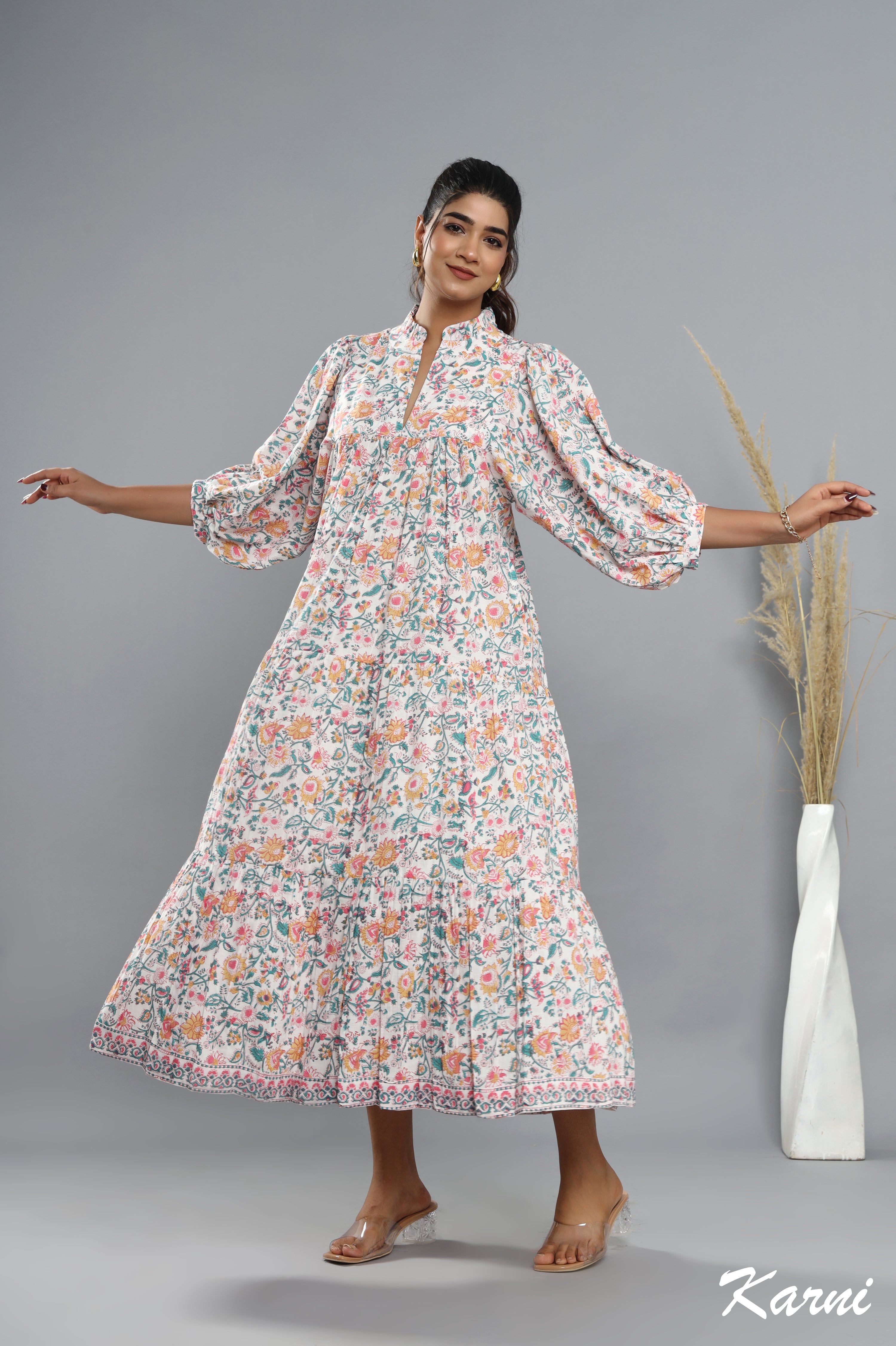 cotton turkish blue pastel orange long floral hand block printed maxi dress - frill collar bohemian dress