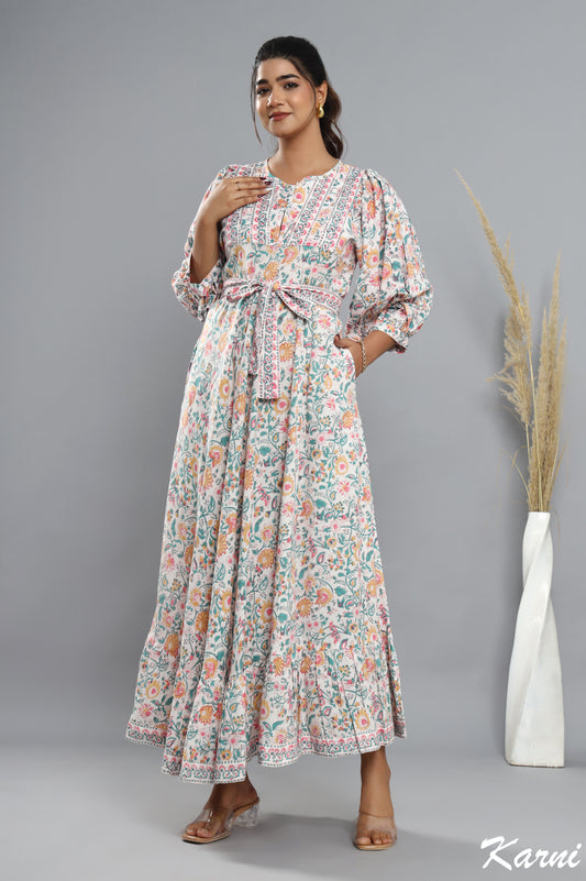 long teal honey hand block printed floral bohemian maxi dress - 3/4 sleeve cotton dress