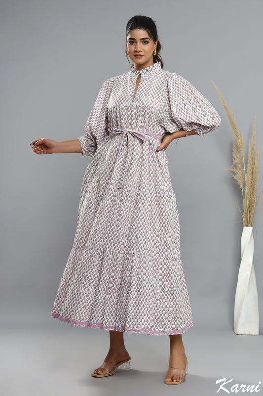 cotton thistle floral hand block printed bohemian maxi dress - frill collar long dress