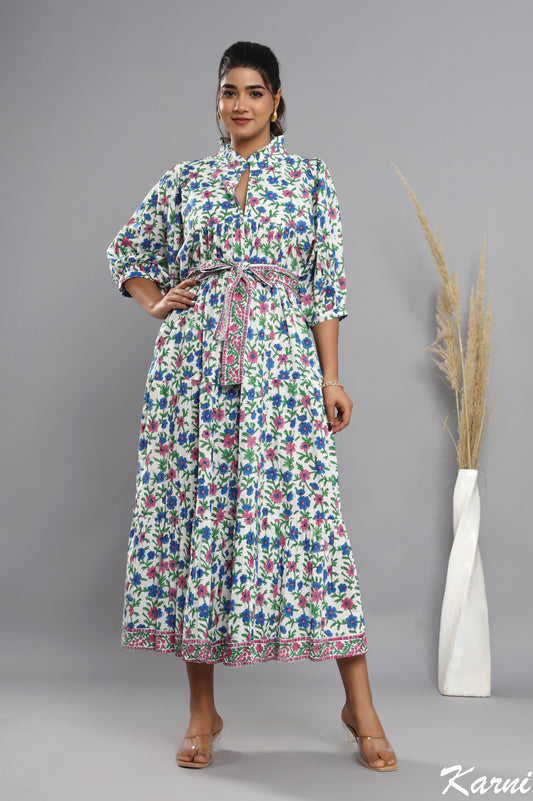 french pink bayren blue floral hand block printed cotton maxi dress - frill collar long dress