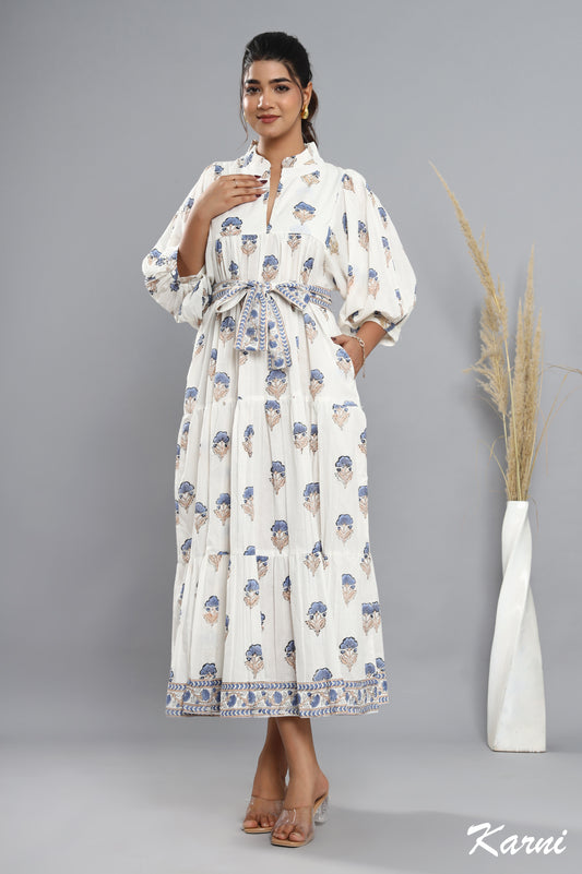 cotton little boy blue hand block printed floral long maxi dress - frill collar bohemian dress