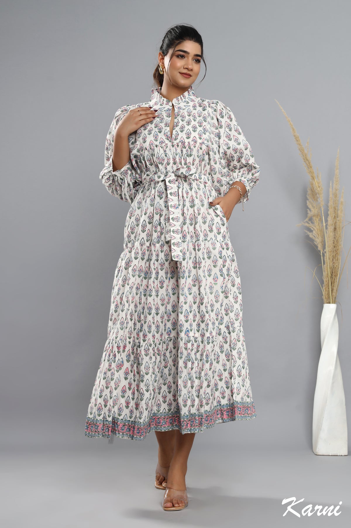 bohemian baby pink blue floral hand block printed long maxi dress - frill collar cotton dress