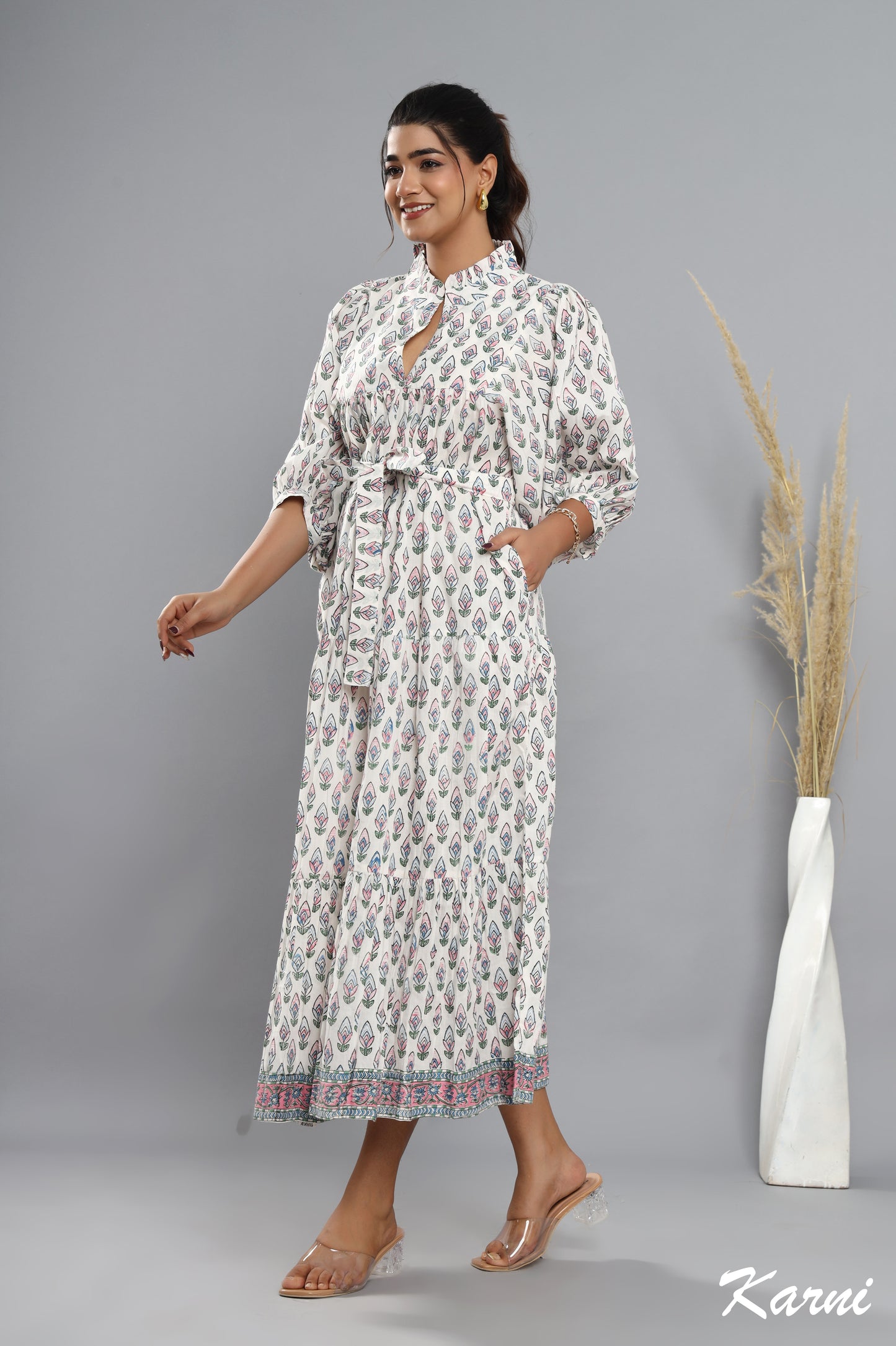 bohemian baby pink blue floral hand block printed long maxi dress - frill collar cotton dress
