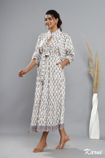 bohemian baby pink blue floral hand block printed long maxi dress - frill collar cotton dress