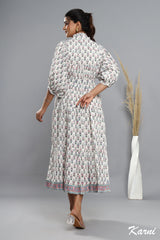 bohemian baby pink blue floral hand block printed long maxi dress - frill collar cotton dress