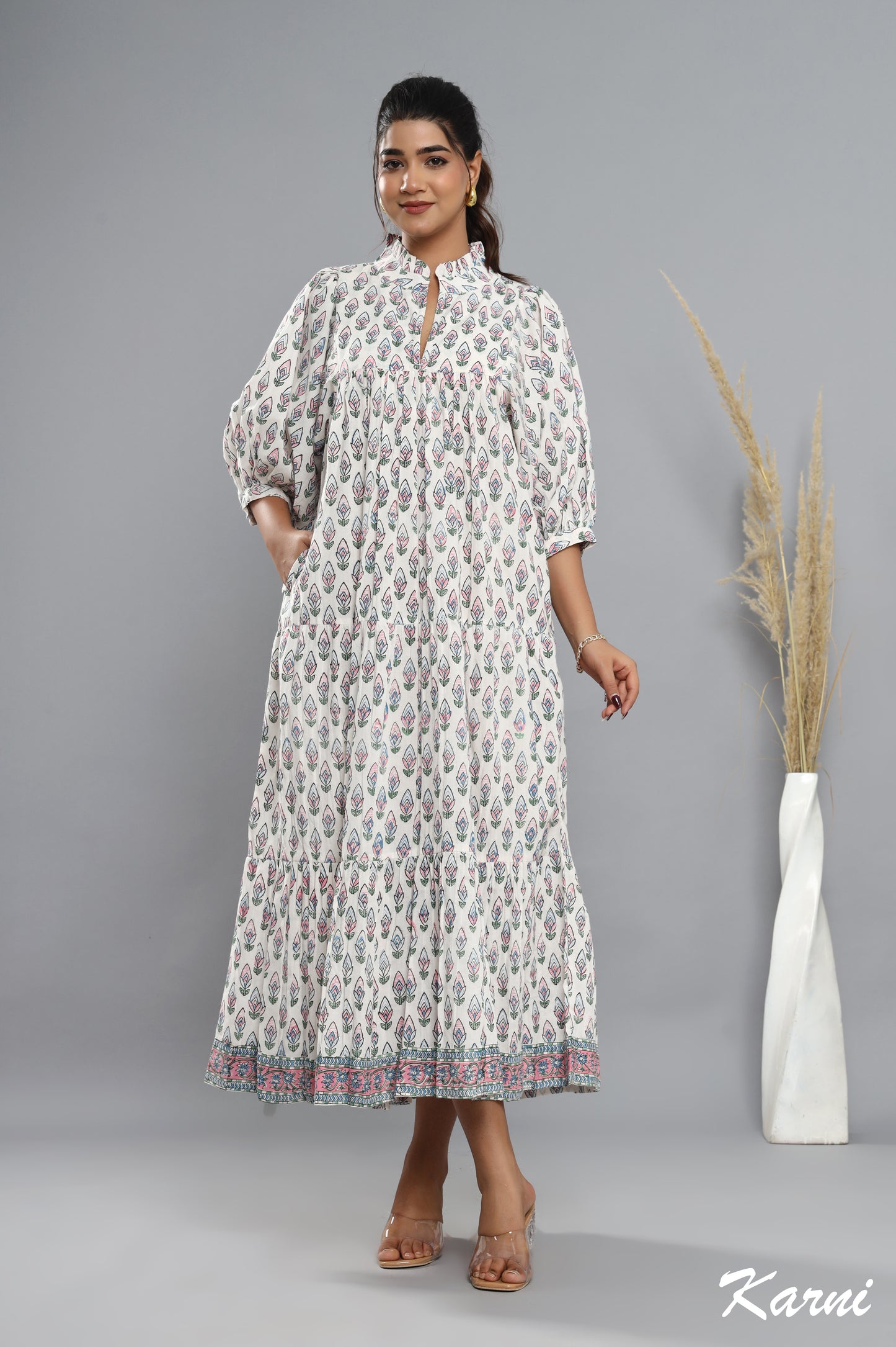 bohemian baby pink blue floral hand block printed long maxi dress - frill collar cotton dress
