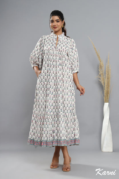 bohemian baby pink blue floral hand block printed long maxi dress - frill collar cotton dress