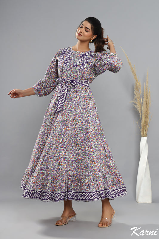 dark violet floral hand block printed cotton long maxi dress - 3/4th sleeve bohemian dress