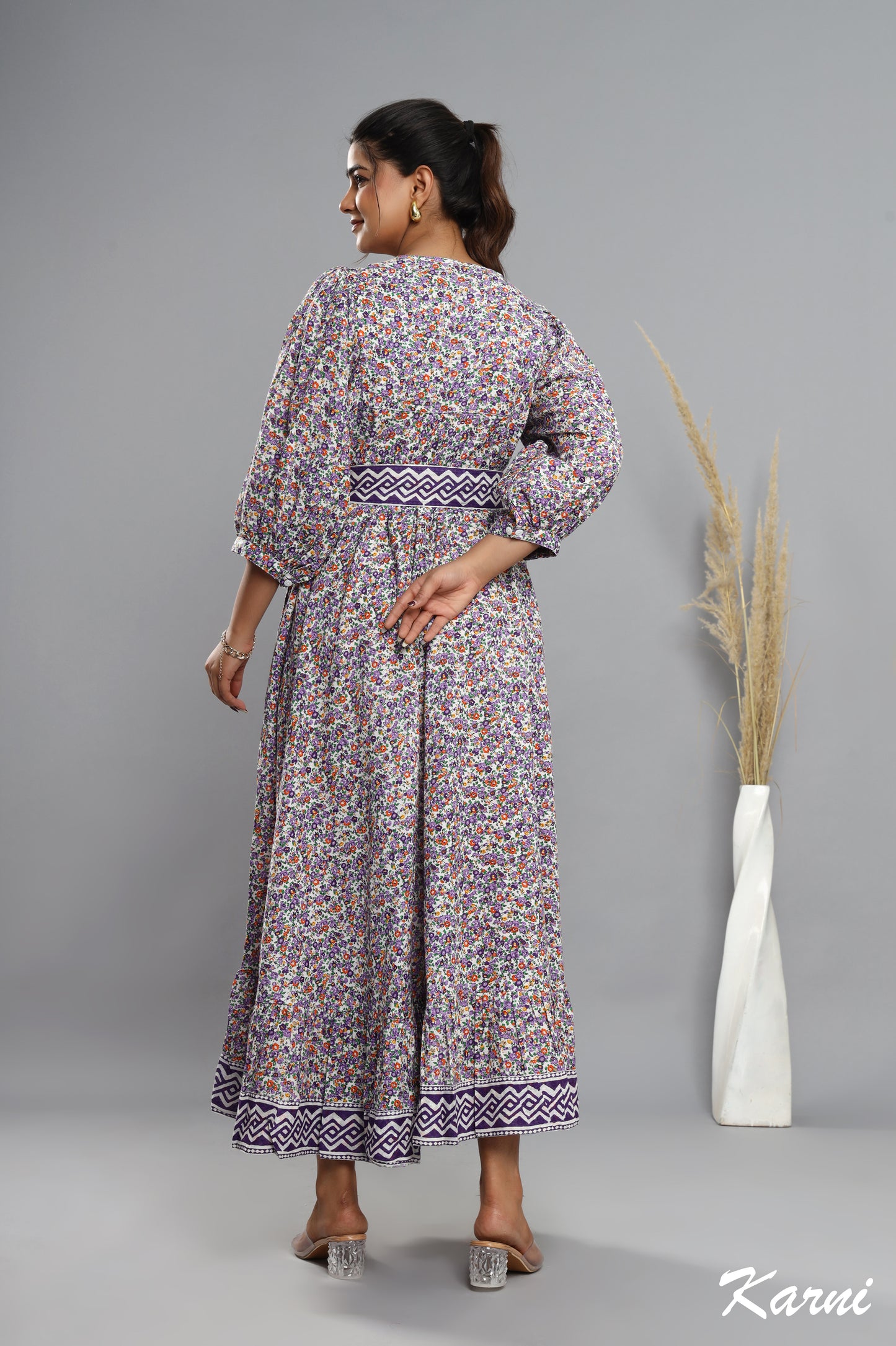 dark violet floral hand block printed cotton long maxi dress - 3/4th sleeve bohemian dress