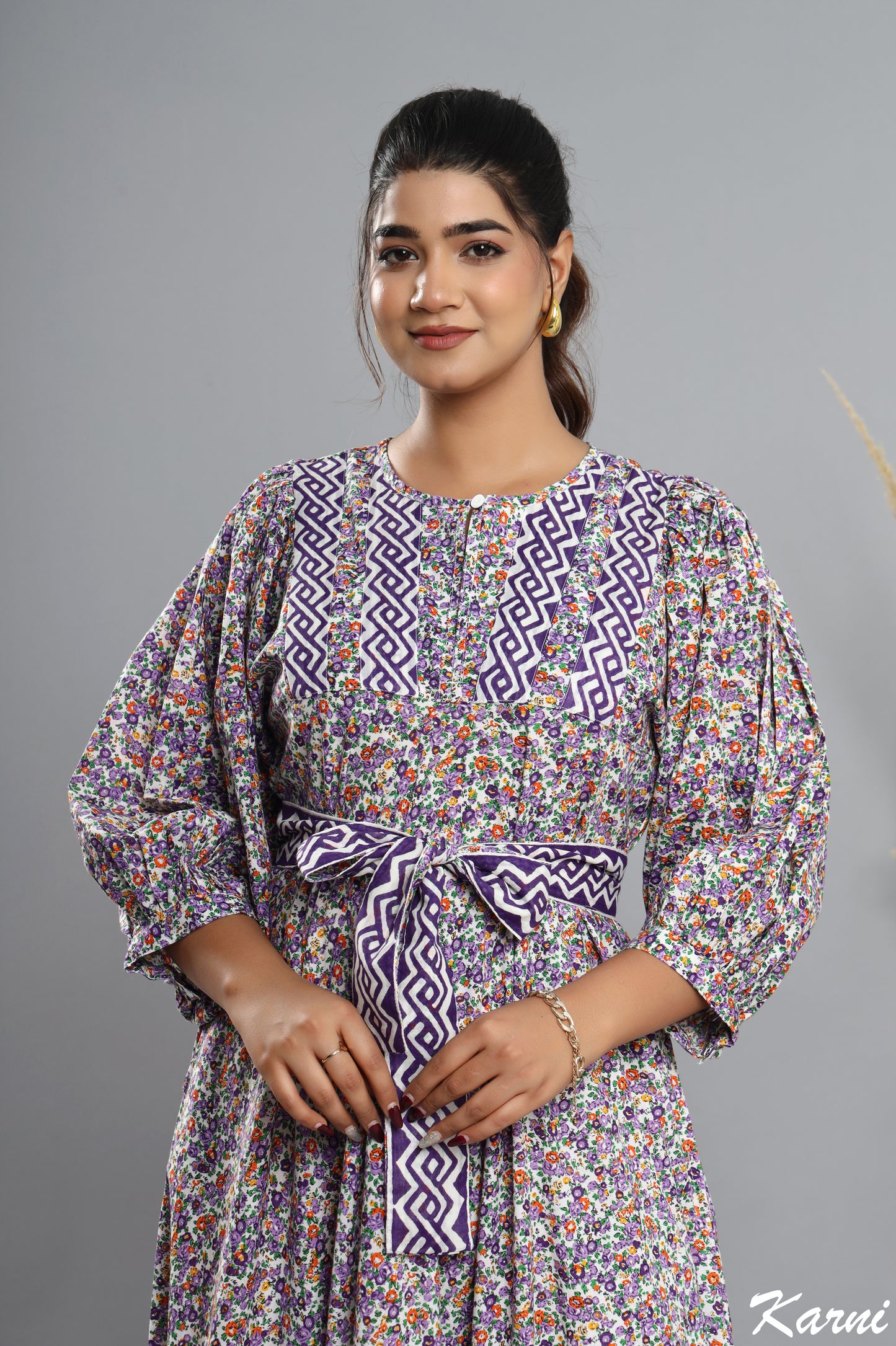 dark violet floral hand block printed cotton long maxi dress - 3/4th sleeve bohemian dress