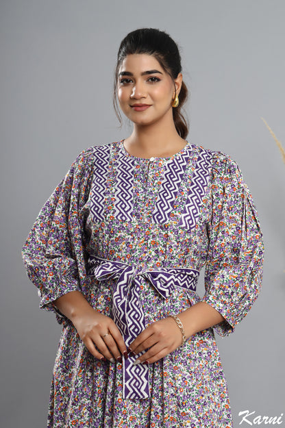 dark violet floral hand block printed cotton long maxi dress - 3/4th sleeve bohemian dress