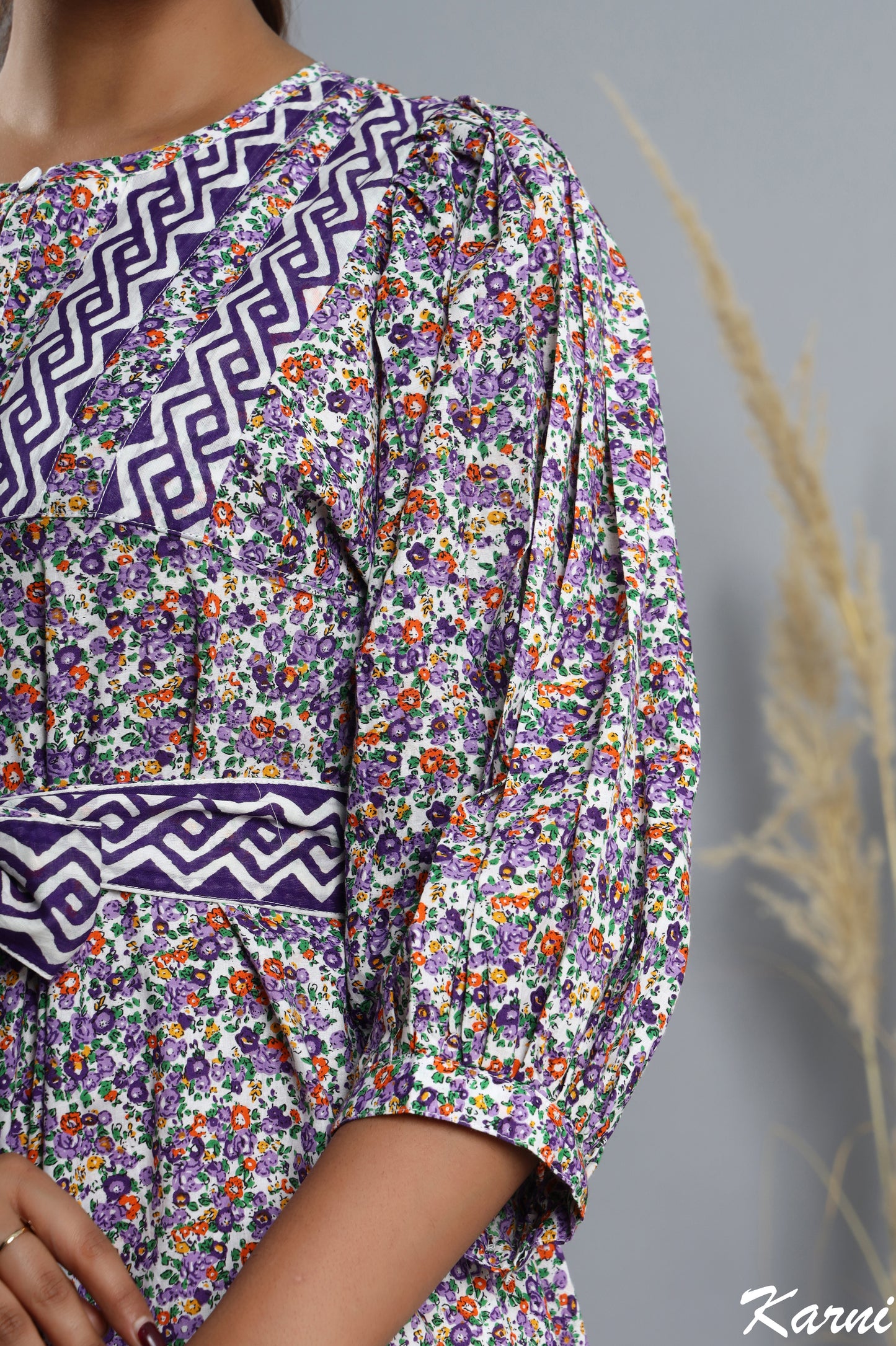 dark violet floral hand block printed cotton long maxi dress - 3/4th sleeve bohemian dress