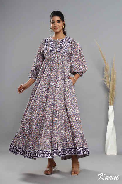 dark violet floral hand block printed cotton long maxi dress - 3/4th sleeve bohemian dress