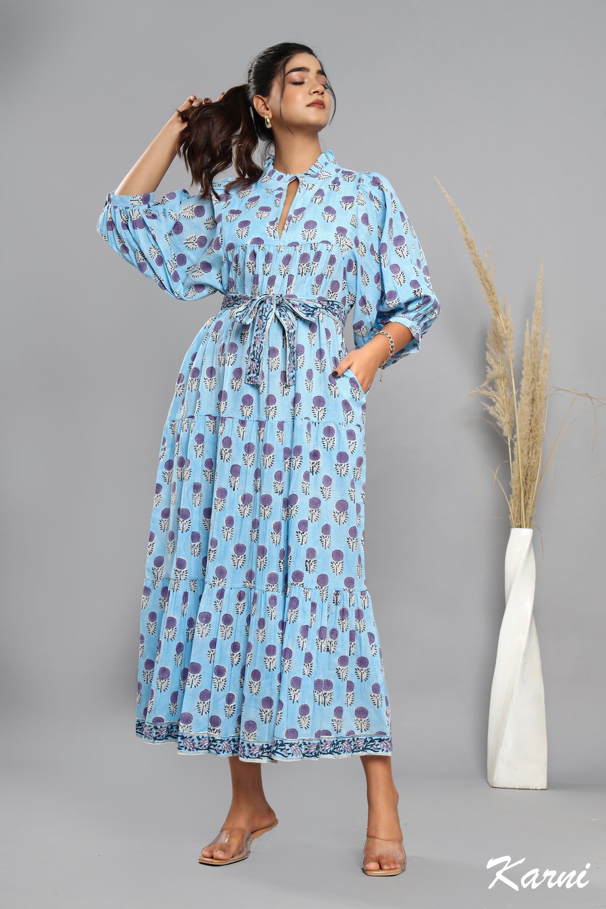 cotton baby blue mauve floral hand block printed bohemian maxi dress - frill collar long dress