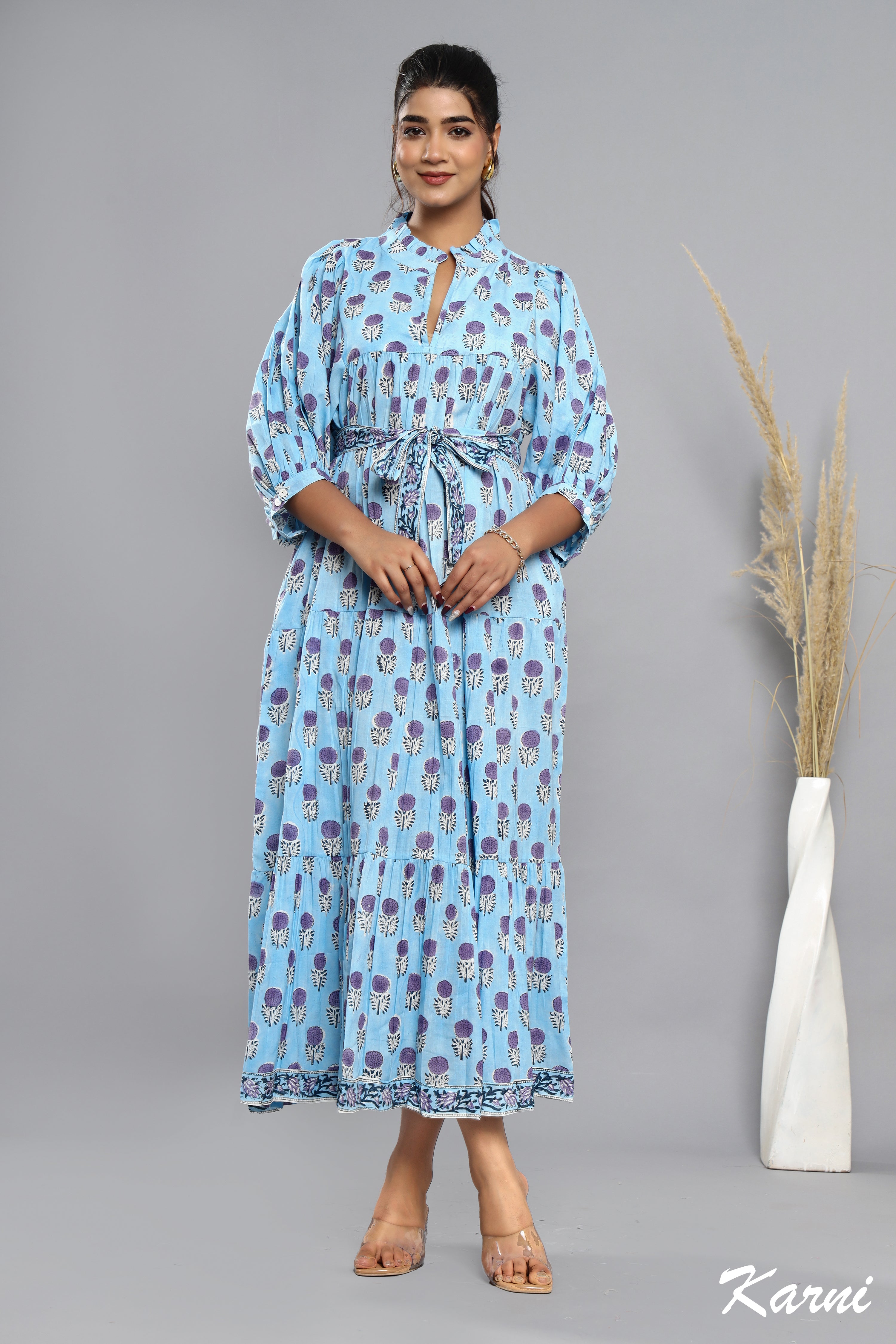 cotton baby blue mauve floral hand block printed bohemian maxi dress - frill collar long dress