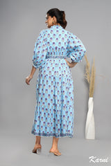 cotton baby blue mauve floral hand block printed bohemian maxi dress - frill collar long dress