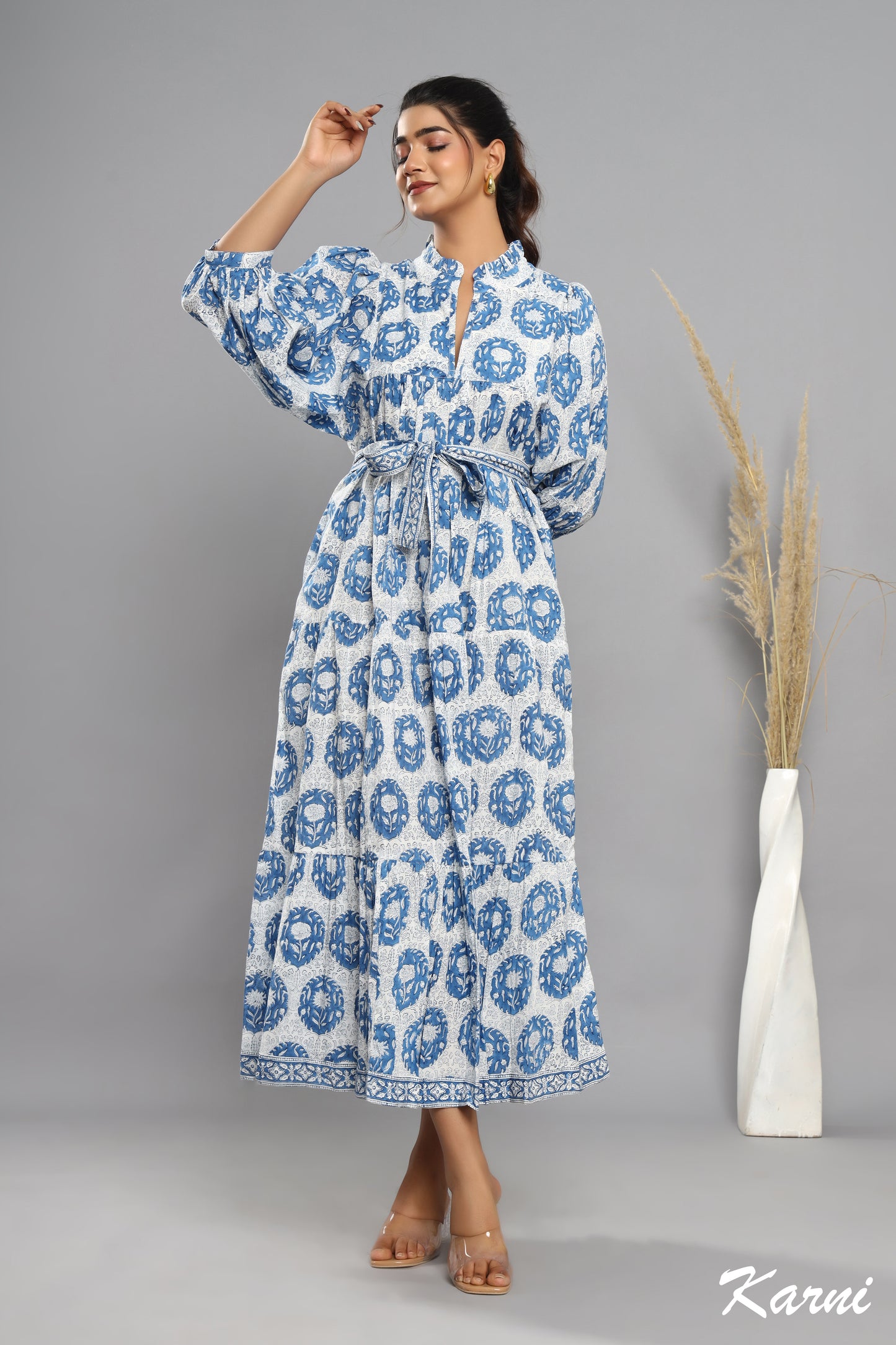 bohemian steel hand block printed cotton floral maxi dress - frill collar long dress