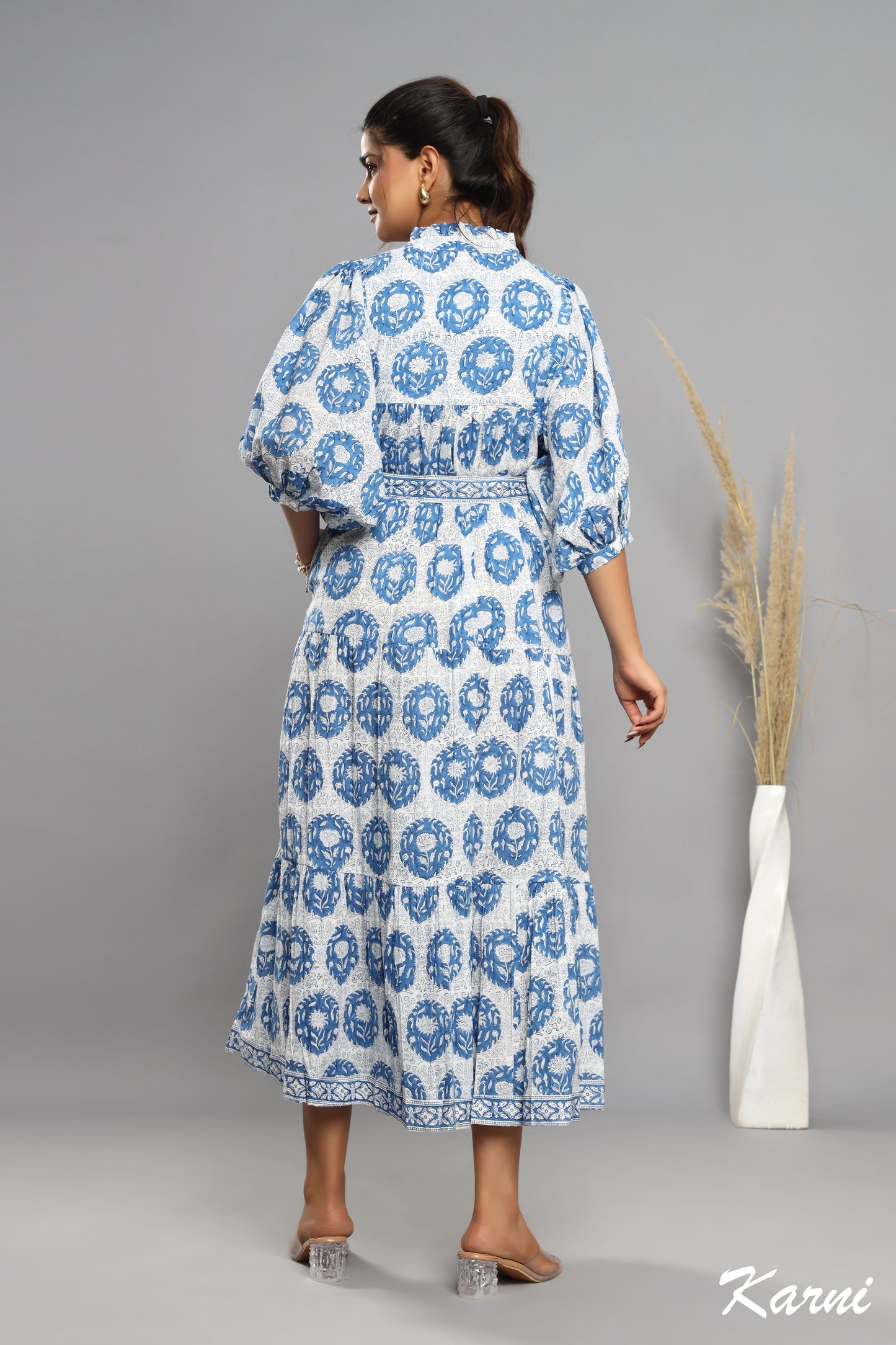 bohemian steel hand block printed cotton floral maxi dress - frill collar long dress