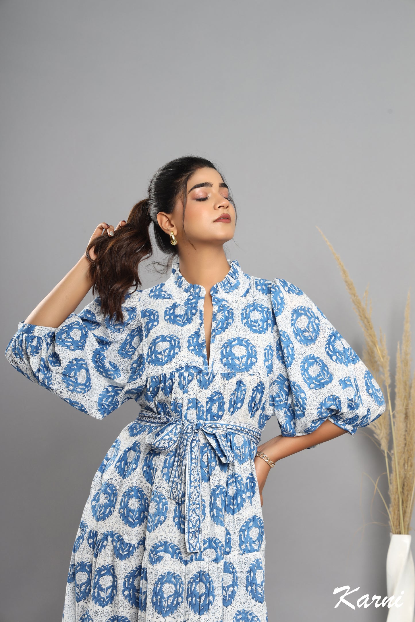 bohemian steel hand block printed cotton floral maxi dress - frill collar long dress