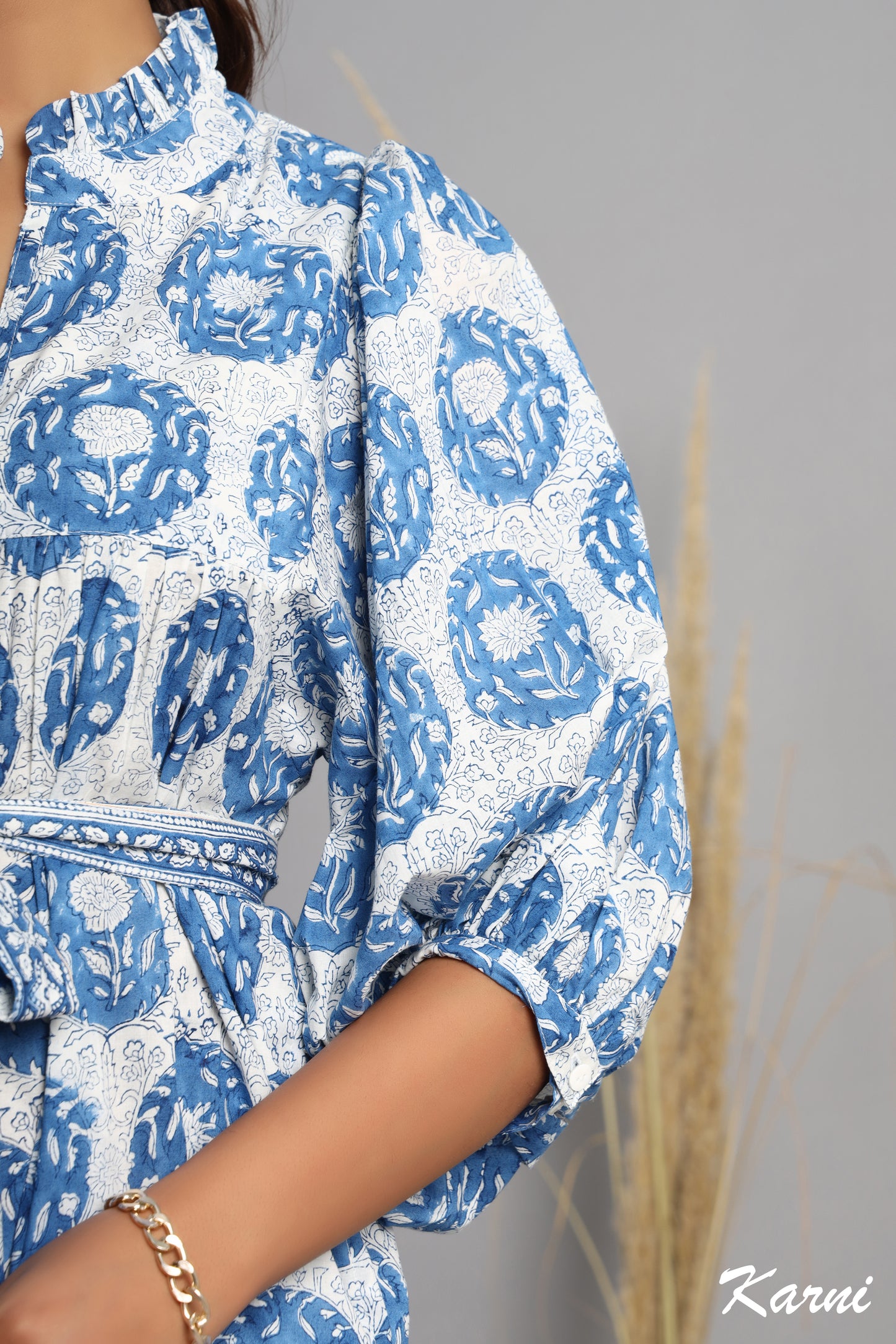 bohemian steel hand block printed cotton floral maxi dress - frill collar long dress