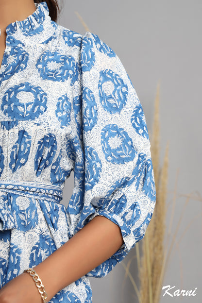 bohemian steel hand block printed cotton floral maxi dress - frill collar long dress