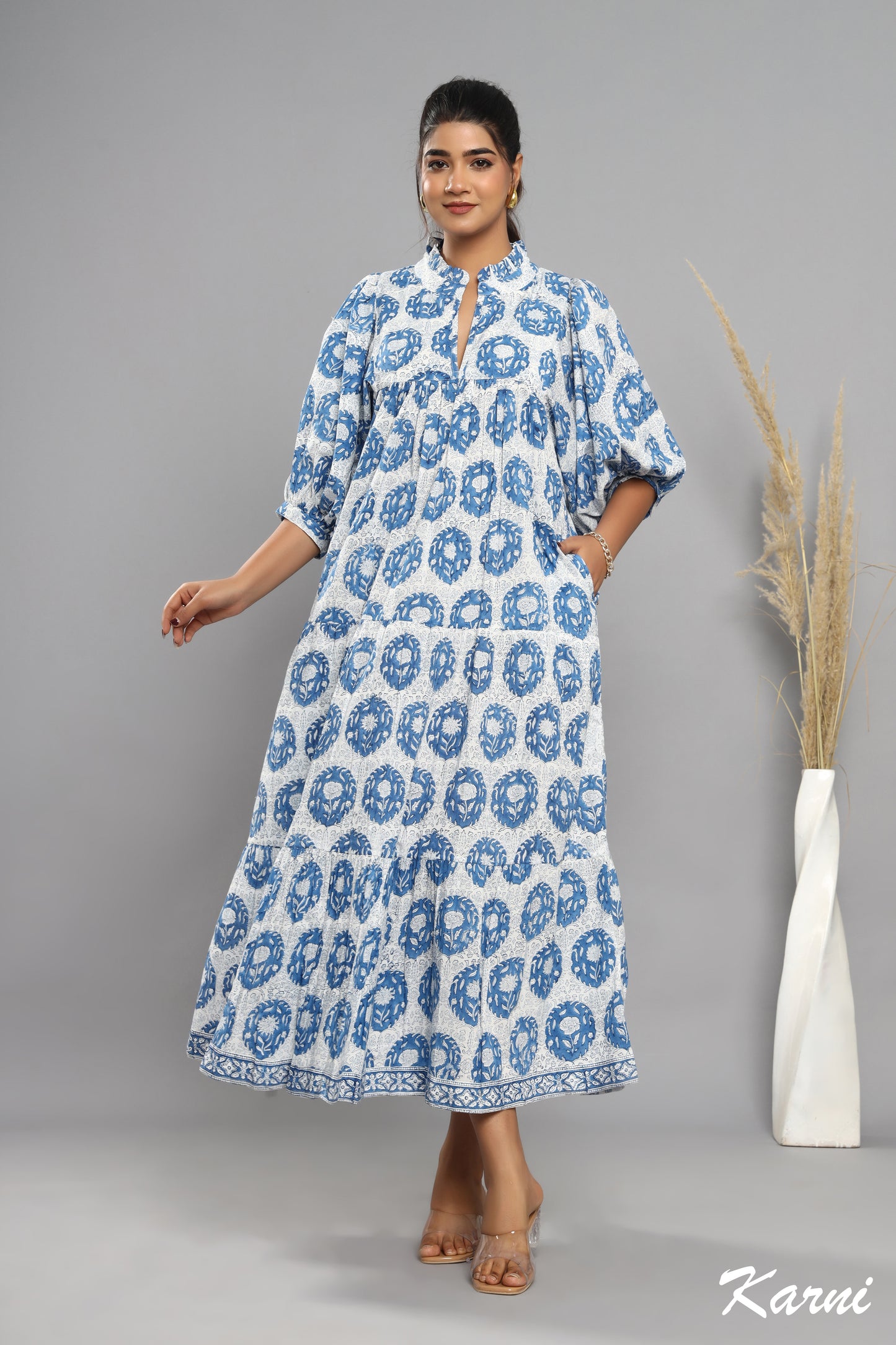 bohemian steel hand block printed cotton floral maxi dress - frill collar long dress
