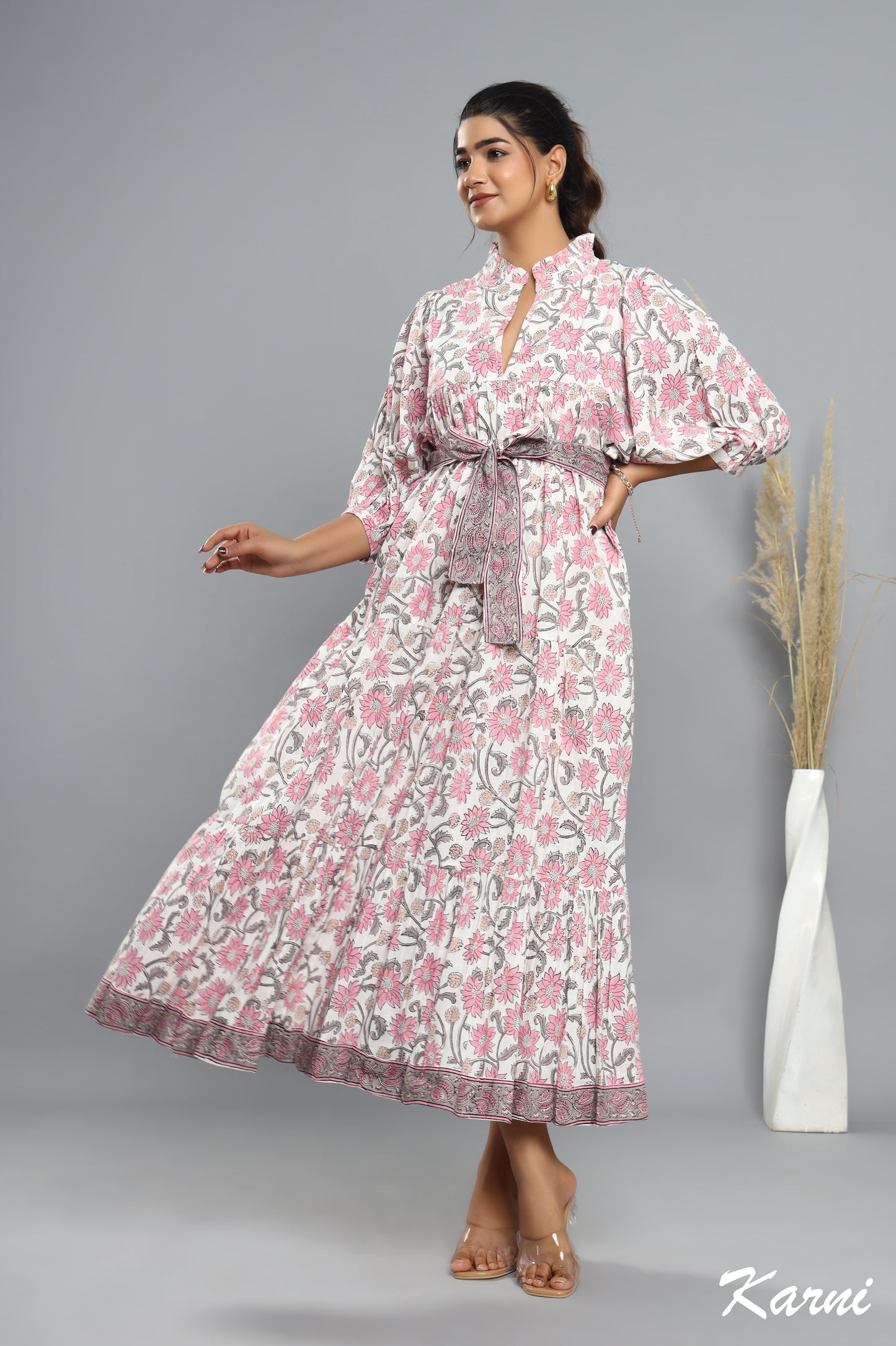 flamingo gray floral hand block printed long maxi dress - frill collar cotton dress