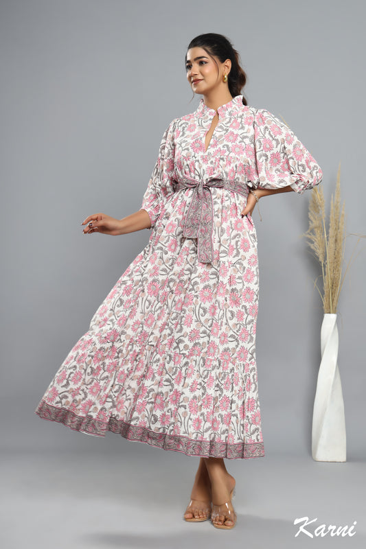 flamingo gray floral hand block printed long maxi dress - frill collar cotton dress