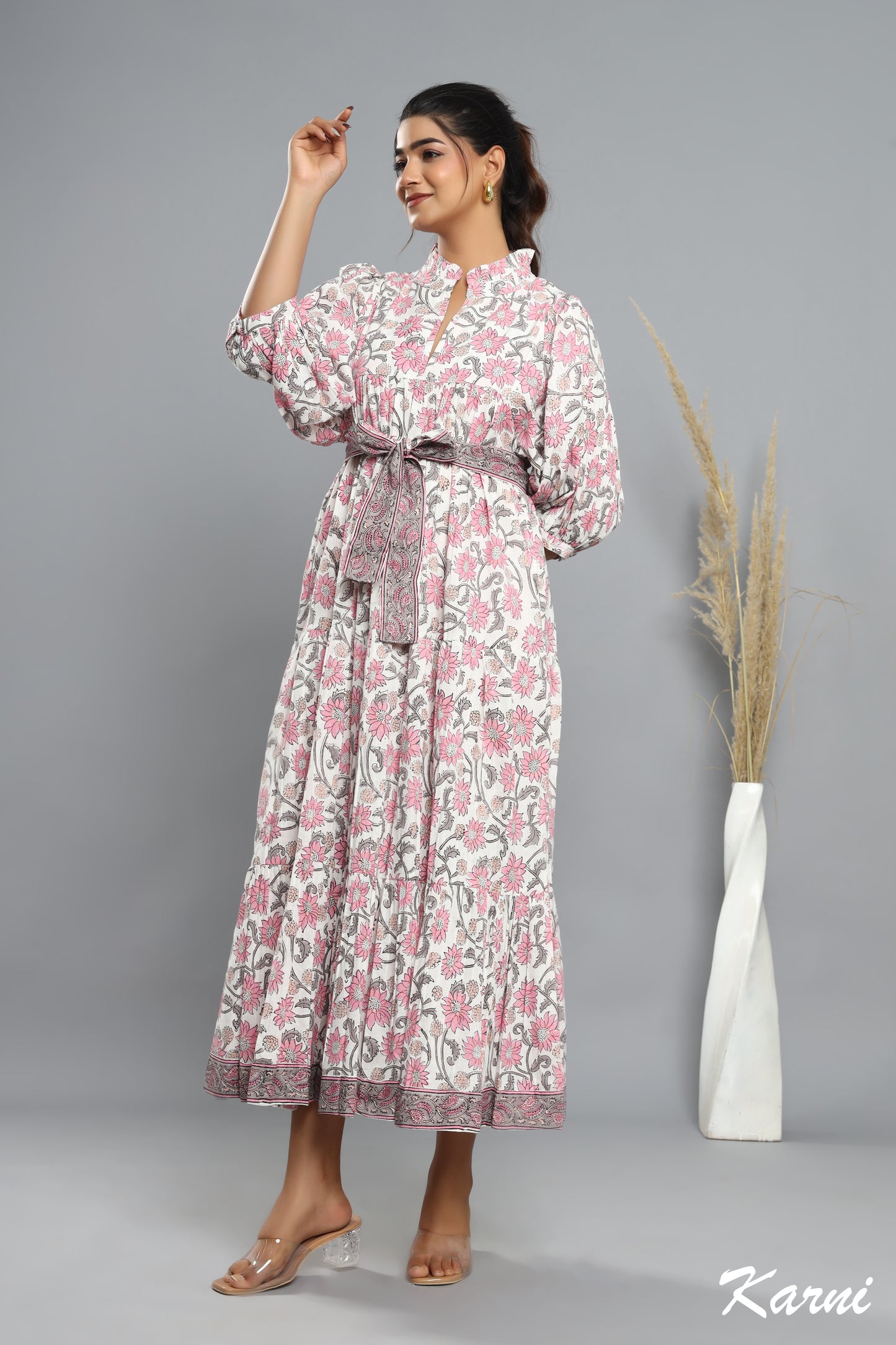 flamingo gray floral hand block printed long maxi dress - frill collar cotton dress