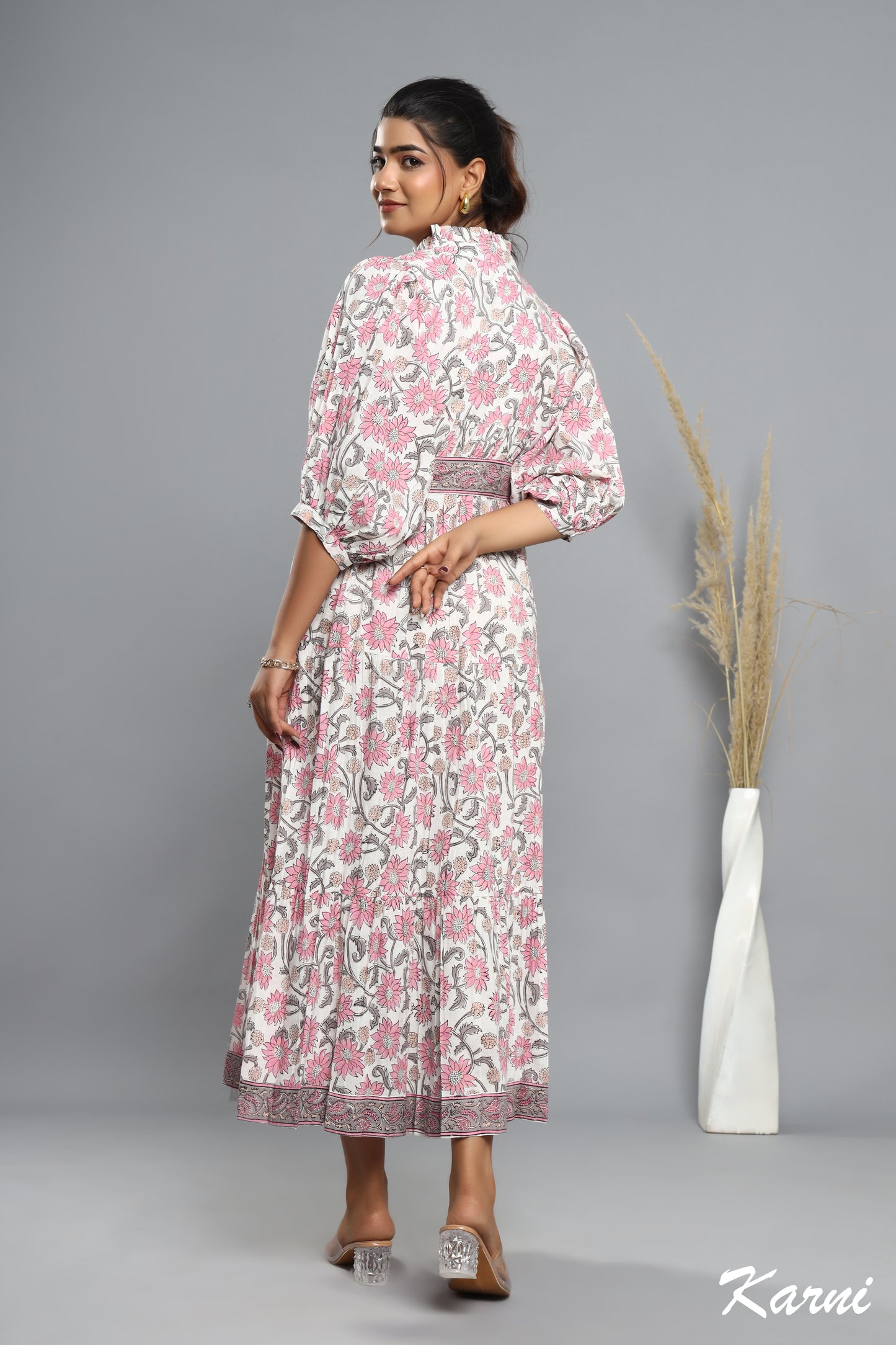 flamingo gray floral hand block printed long maxi dress - frill collar cotton dress