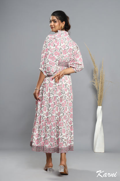 flamingo gray floral hand block printed long maxi dress - frill collar cotton dress
