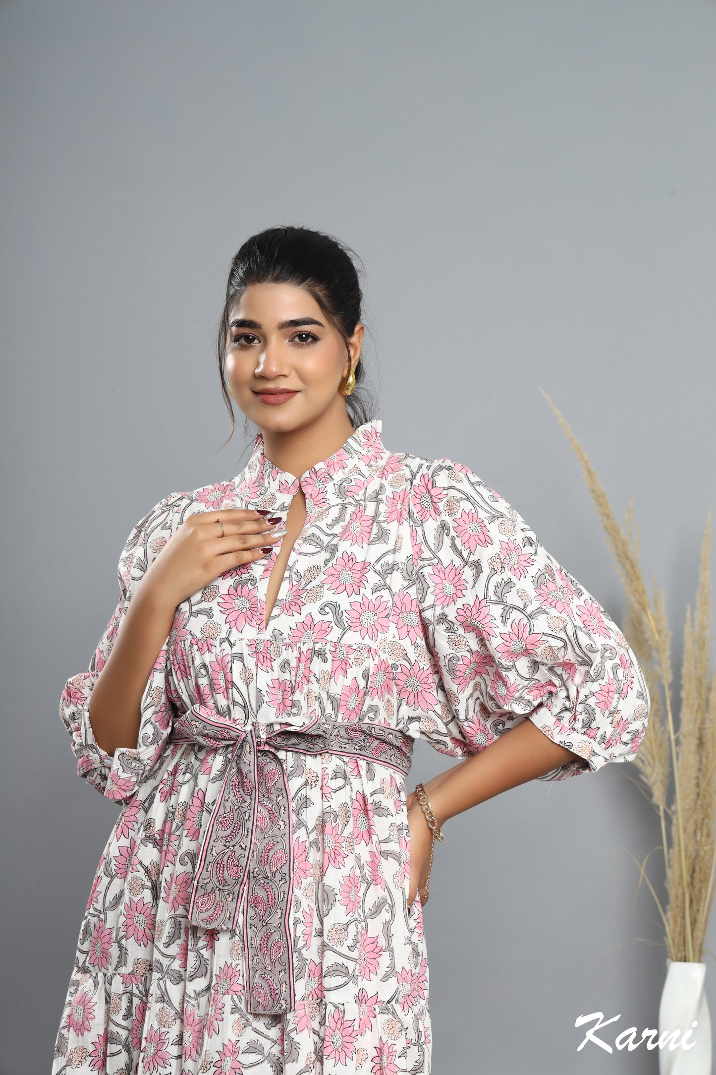 flamingo gray floral hand block printed long maxi dress - frill collar cotton dress